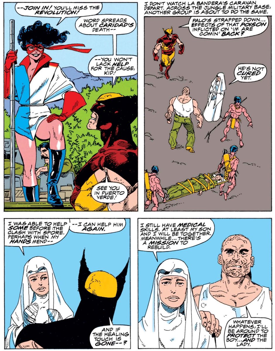 MarvelDailyArt's tweet image. Wolverine leaves everyone better than he found them: La Caridad is leading a revolution following the death of President Caridad, and Roughhouse has joined Sister Salvation on her holy mission of healing. Too bad we’ll never see most of these characters again. #marvel #wolverine