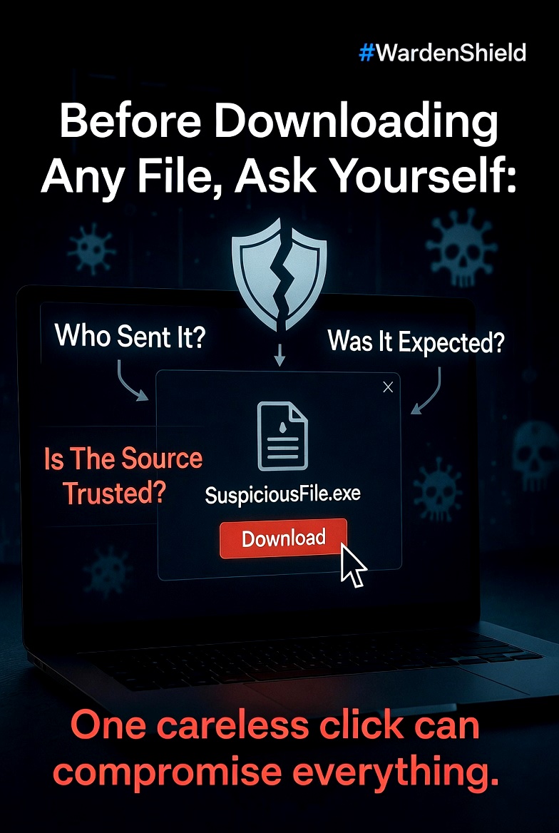 Phill_CTH's tweet photo. (Quick Reminder)  🚨Before Downloading Any File, Ask Yourself:

->Who Sent It?
->Is The Source Trusted?
->Was It Expected?

One careless click can compromise everything.

#CyberAwareness #CyberSecurity #Phishing #WardenShield https://t.co/ao8ox5C5UR