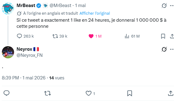 Neyrox_FN's tweet photo. @MrBeast Good evening, am I the only one who managed to get only 1 like in 24 hours on my tweet about yours, do I have the right to happiness https://t.co/MMlP1aMp1q
