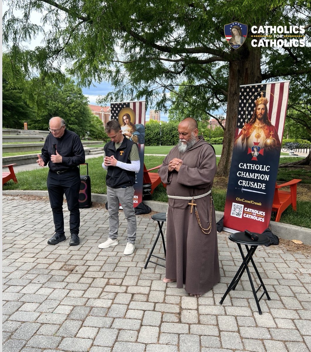 CforCatholics's tweet photo. REPORT: Round One a Success! 1st Catholic Champion Crusade at the University of Tennessee reaches the next generation of Catholic patriots.

On Friday, May 1st, @CforCatholics hit the ground to engage with open Q&A with the students on the Catholic Faith. What I saw on the ground were young people hungry for this open conversation about what it means to be Catholic. The high percentage of young men that came tracks with the national statistics of young men coming back to Church.

We talked about a range of issues that were on their minds. Issues discussed ranged from the role of Mary, to the morality of IVF, to the meaning of relics, to the Catholic view on Zionism and other things.

Halfway through the event, I saw a young man come and sit at the far back. His hand went up and I called on him.

“I was raised Catholic but I don’t practice anymore.” he said. “Why do we need formal religion with so many rules?” I shared some thoughts and then I turned to the Franciscan priest, Fr David who came to assist at this event.

Father responded by saying that to be Catholic is to be in the most intimate relationship with Jesus, to the point that we can receive His very body. Relationships of love necessitate rules and boundaries. The norms and rules of the Church guide us to freedom in love for Jesus.  

"You will know the truth, and the truth will set you free". John 8

It was inspiring to watch this interchange between Father David and this young man struggling with his own Faith. Rounding off the event with the recitation of the Holy Rosary was a perfect way to witness to the hundreds of college kids who walked by on Campus.

Friday was a first. Catholics for Catholics is set to launch many of these when the fall semester begins. We need to take Christ to the heart of culture and work to convert the next generation of Americans. To convince someone of conservative principles is noble. But to help them find Christ in His Church is the greatest gift we can give someone.

God Bless and Fight On,
@USAYep