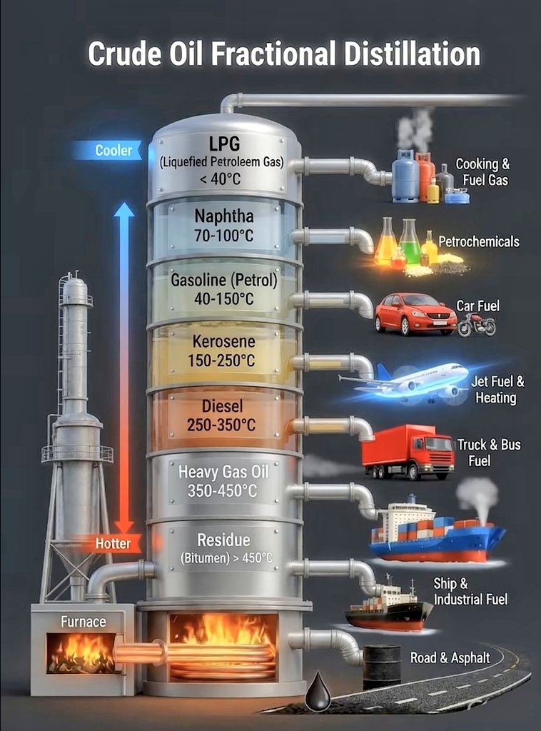 AzizSapphire's tweet photo. Oil 🛢 fractionational distillation in the refinery https://t.co/zv0xXaV6GJ