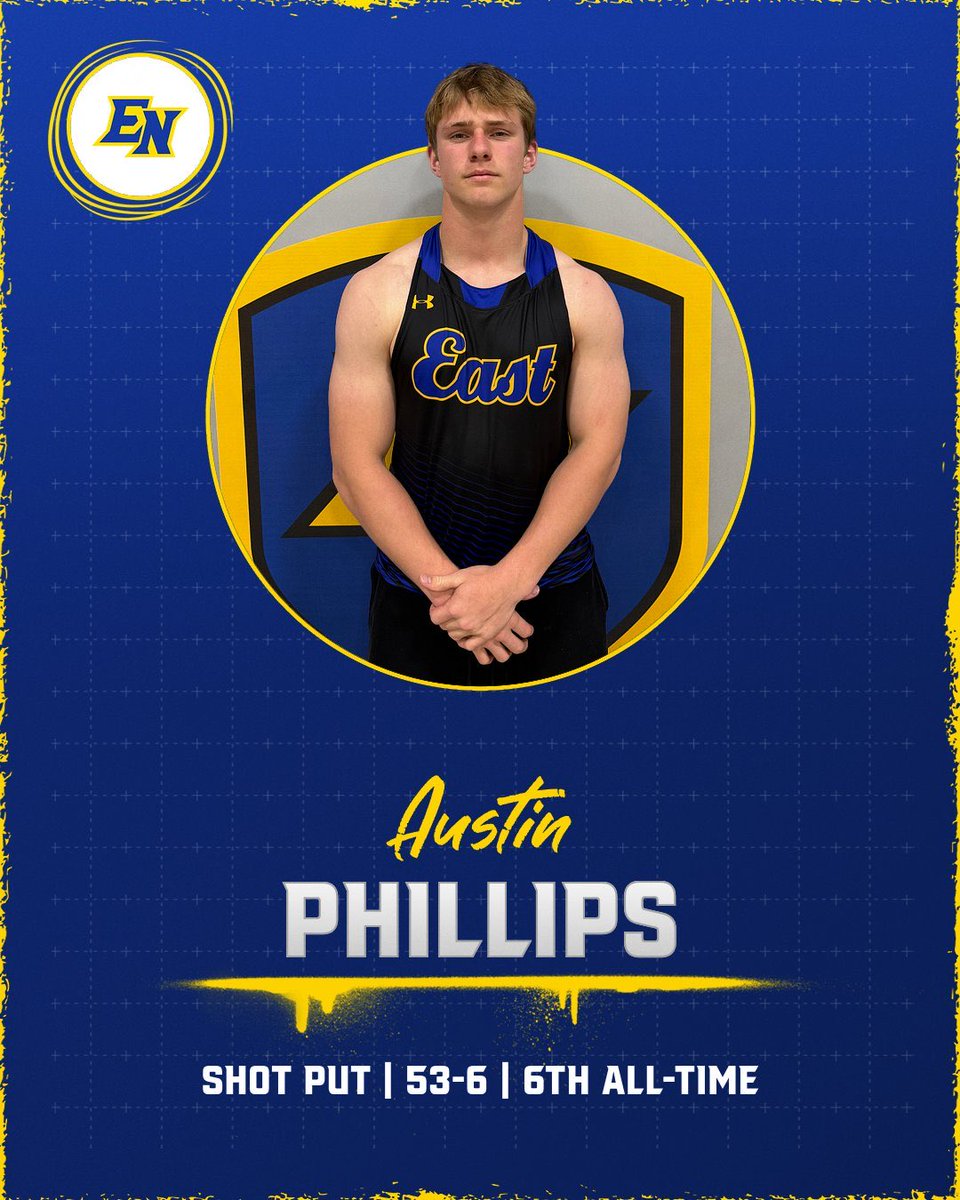 ENBoysTrack's tweet photo. Last night Austin Phillips placed second and moved to 6th All-Time in the shot put with a huge 3 feet PR of 53-6! He also won the discus with a PR of 144-5!

Sebastian Harris narrowly placed second in the 110 hurdles with a near top 10 time of 15.20! https://t.co/zXVUQzCNJi