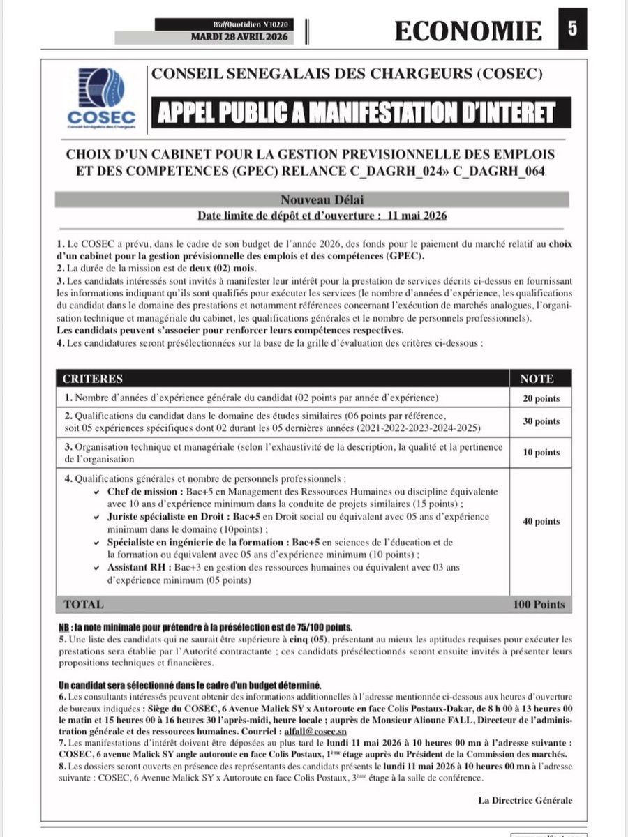 CosecSn's tweet image. APPEL PUBLIC A MANIFESTATION D’INTERET

Choix d’un cabinet pour la gestion prévisionnelle des emplois et des compétences (GPEC) Relance C_DAGRH_024 C_DAGRH_064

#cosec
#appel
#cabinet
#emplois
#Senegal
#candidature
#Senegal2025
