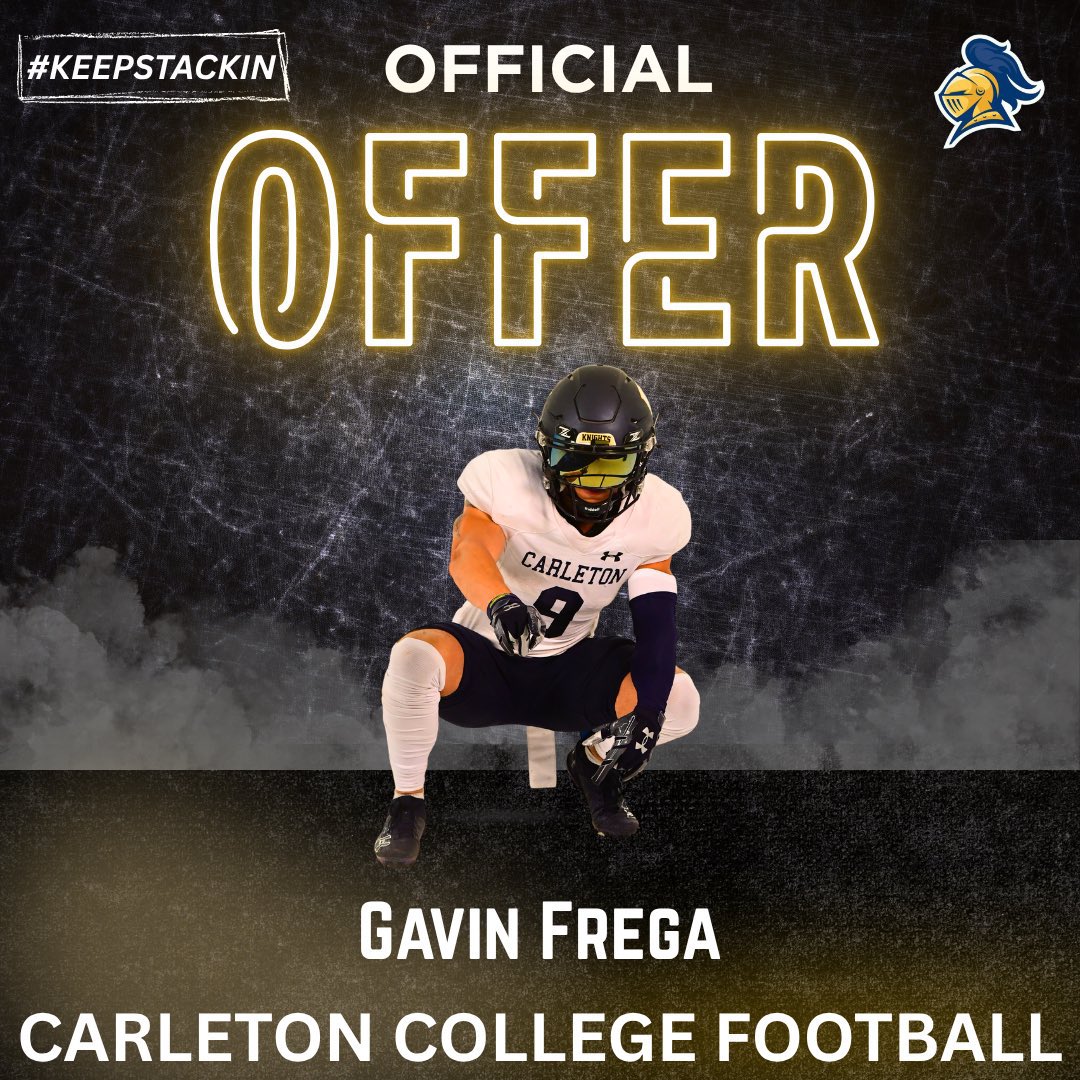 GavinFrega2027's tweet photo. After a great junior day with @CarletonFB I am blessed to receive my first opportunity to play college football! Thank you @CoachJournell for the opportunity! @MJ_NFLDraft @ANLightningFB @SynergySPGB @PrepRedzoneWI @trenchtraining https://t.co/9UV4nkyyPP