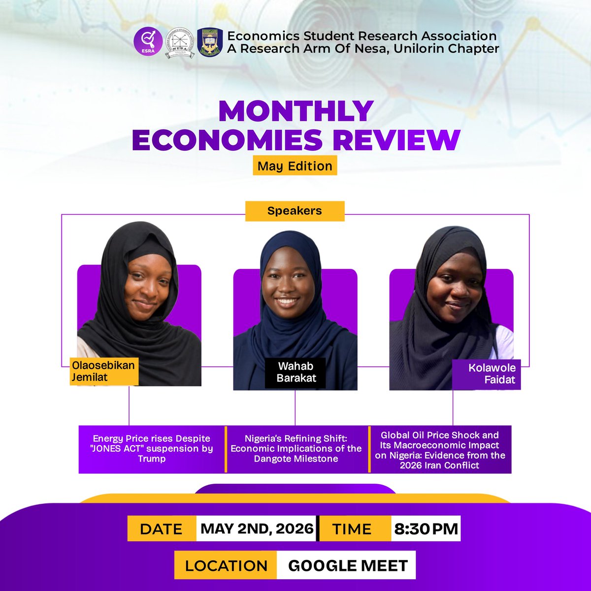 UILESRA's tweet photo. LET'S START JOINING!!🔥🔥 

Get ready for another insightful edition of the Monthly Economies Review!! Look forward to sessions that give in-depth analysis of recent economic trends and developments in Nigeria and beyond. https://t.co/se9clWthuK