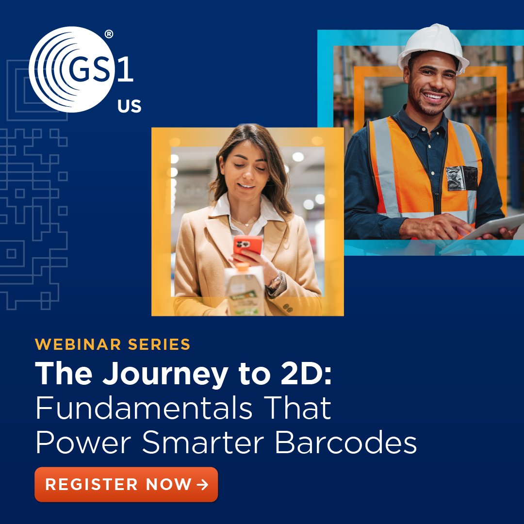 GS1_US's tweet image. Make 2D a reality for your business. Join our free webinar on 5/14 to discover how this #barcode evolution will help businesses deliver seamless consumer experiences and boost #supplychain efficiencies. bit.ly/4aGQOvj