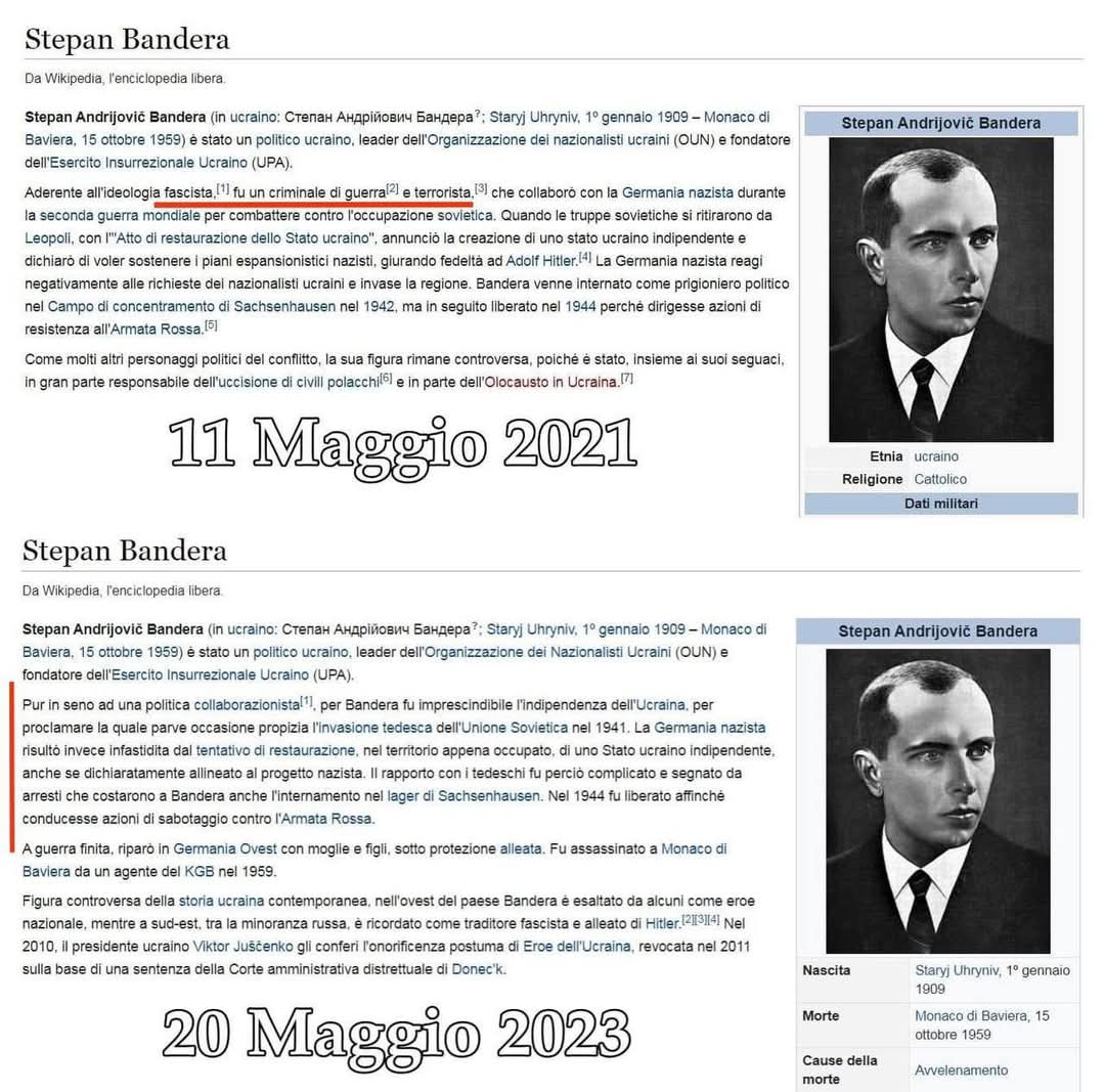 #Odessa #Ucraina #UE #Zelensky #Russia #Putin

Dopo Odessa l'americano Wikipedia cambia se paghi di più.
La strage di Odessa fatta da nazisti ucraini è diventata rogo.
Stepan Bandera è passato da "terrorista fascista criminale di guerra" a "indipendentista collaborazionista"