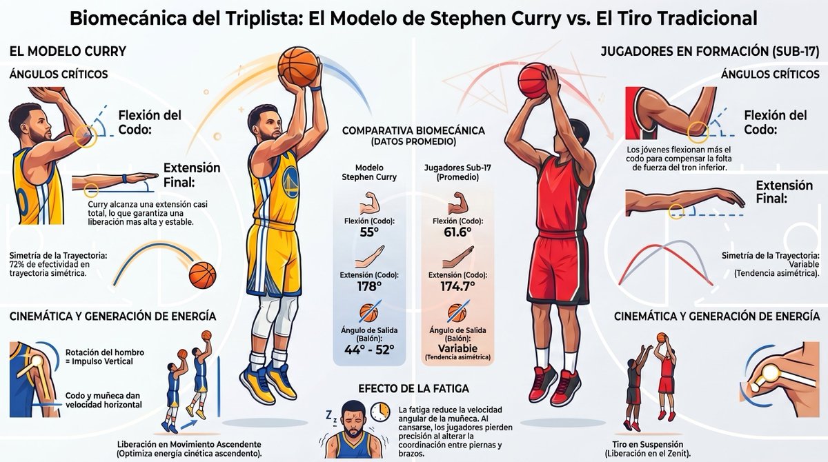 Analizando artículos biomecánicos para saber en que se distingue Steph Curry del tirador canónico en etapas formativas he podido extraer esta infografía que espero os ayude a replantear cómo analizar el tiro.