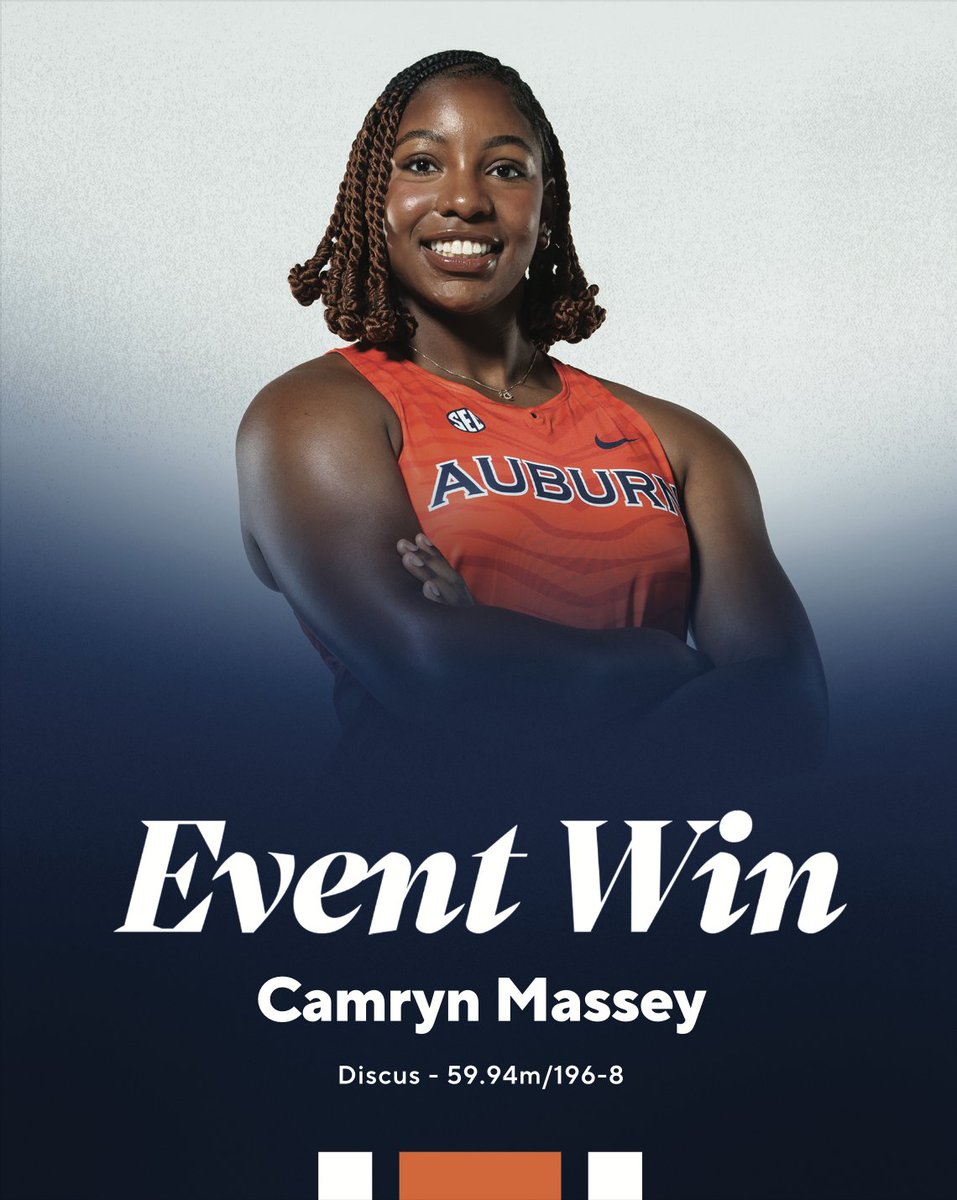 AuburnTFXC's tweet photo. Sophomore Camryn Massey won the women’s discus with a personal-best 59.94m/196-8, the second-best mark in Auburn history, while junior Marley Raikiwasa placed second with a PR of her own, earning her third on the AU performers list in the event.

#WarEagle https://t.co/qTMUGwulbZ
