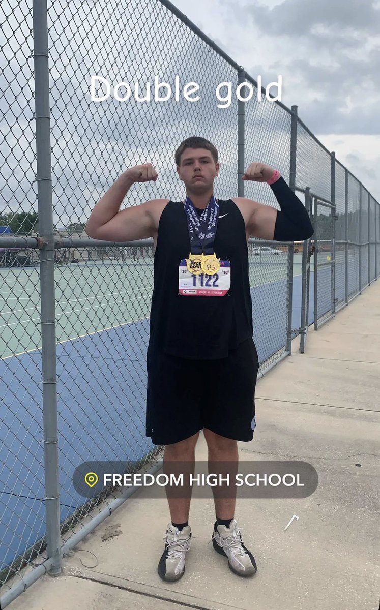 PryceMeyer's tweet photo. It is unfortunate that I could not compete for my school at districts, but I bounced back with double gold at the my brothers keeper invitational in the 15-16 division today. @NCTtrack_field @CoachHawley @chaseliggett @AAUTrackNField @NatureCoastFB https://t.co/0bVbG7mARq