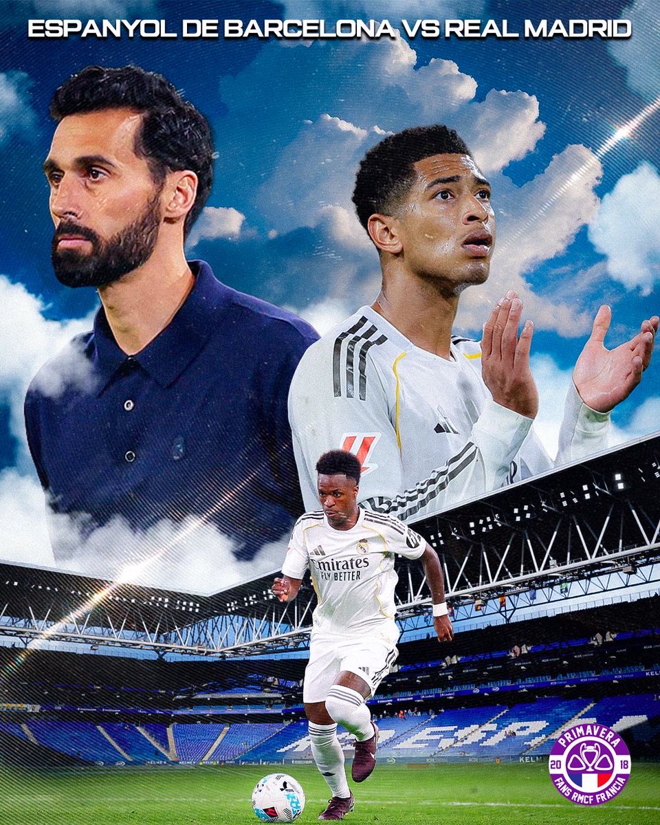 PrimaveraFansFR's tweet photo. Espanyol Barcelone ⚔️ Real Madrid

📅 03/05/2026
🏆 @laliga (J33)
🆚 Espanyol Barcelone 
🏟️ RCDE Stadium
⏰ 21:00 
🎨 @dk_design29 

Hala Madrid y Nada Más !🤍💜

@primavera_rm 

#primaverafans #primaverablanca #gradafans #gradarmcf https://t.co/5HnPpRnFQ1