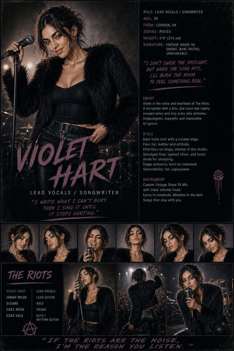 violethart_lrdb's tweet image. It's time to meet The Riots.

This is Violet Hart.

She walks in like she already knows the punchline and sings like she dares you to feel it.

Our voice. Our riot. Our beautifully dangerous heart of the whole thing.

Welcome to The Riots.
#meettheband #violethartandtheriots