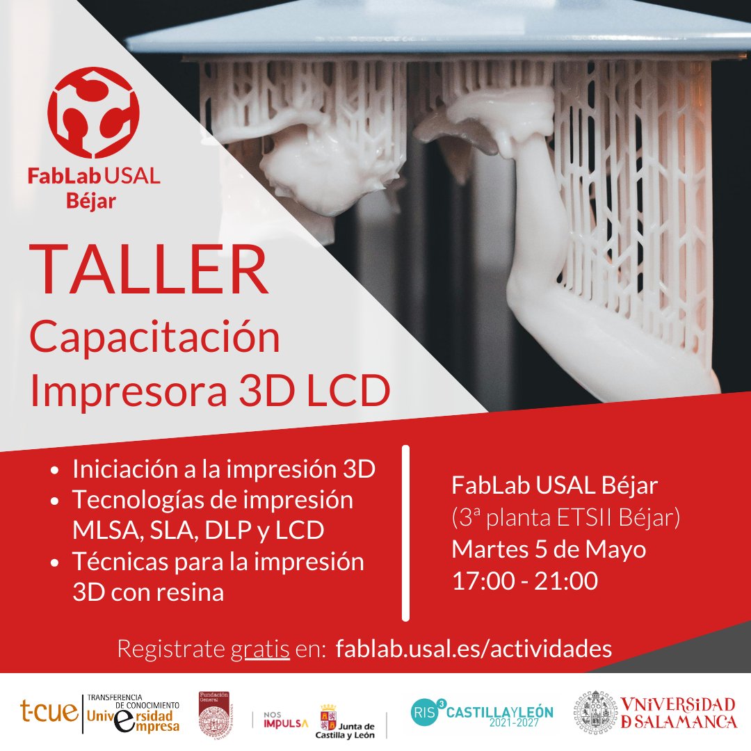 FabLabUSALBejar's tweet image. 🌟 ¡Descubre la Revolución de la Impresión 3D de resina con Tecnología SLA y LCD! 🌟

📝 Inscríbete en: forms.gle/AhtQ2J9DXtW2Ek…
📆 Fecha: martes 5 de mayo
⌚ Hora: 17:00 a 21:00
🌐 Lugar: FabLab USAL Béjar (3ª planta ETSII Béjar)
❗ Requisitos: trae tu propio portátil 
#DLP #SLA