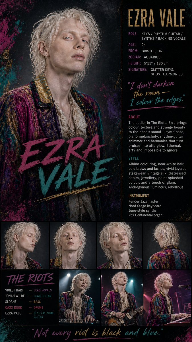 violethart_lrdb's tweet image. It's time to meet The Riots.

This is Ezra Vale.

He makes colour out of noise and turns the strange bits beautiful.

Our keys. Our textures. Our ghost in the wiring.

Welcome to The Riots.
#meettheband #violethartandtheriots