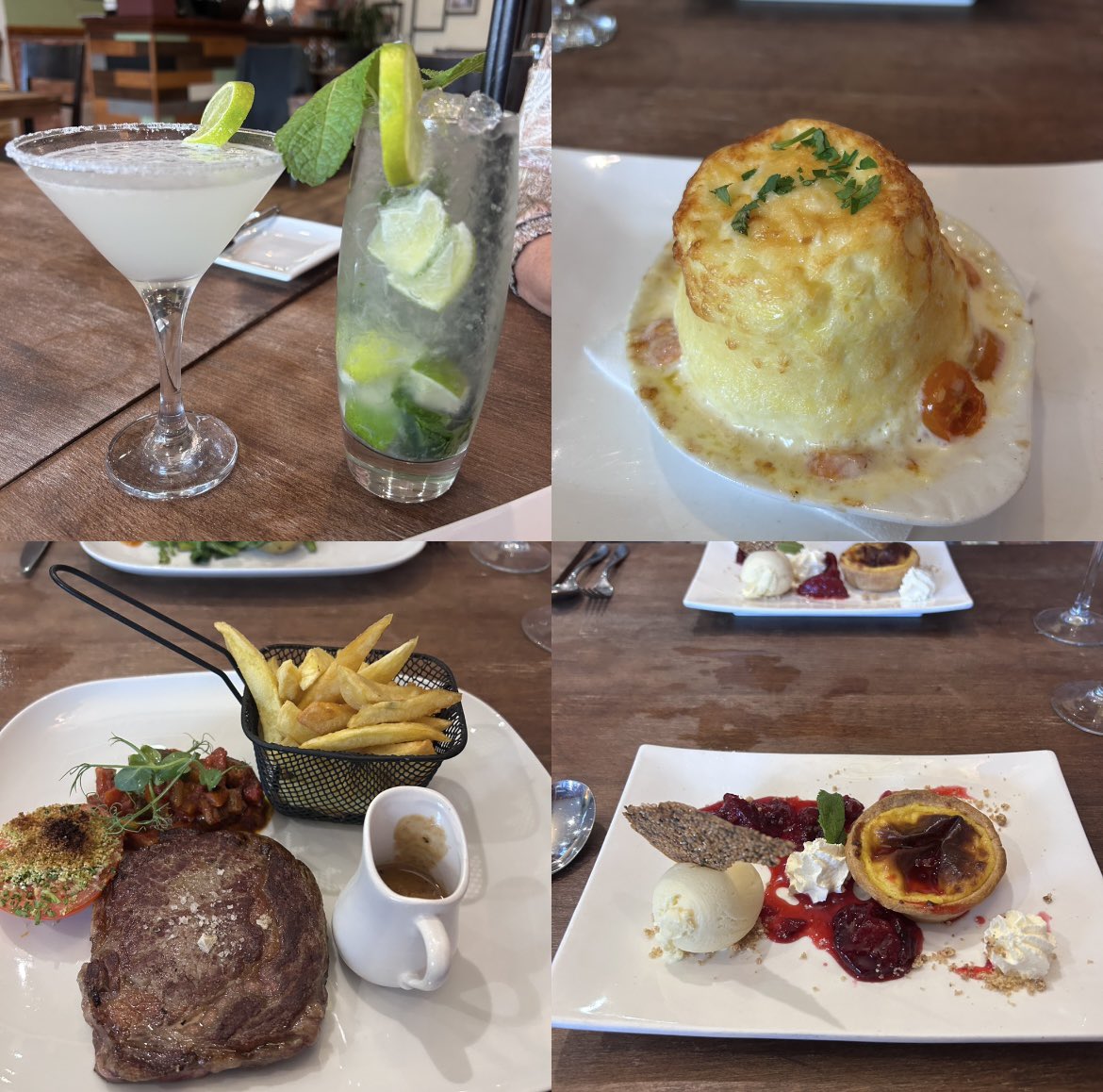 NickKeep_NKA's tweet image. A cheeky little meal at my favourite local bistro. Margarita &amp;amp; Mojito, Double cheese soufflé, Ribeye steak and chips and a Parisian plum tart with honey ice cream. Bistro My Way
Feeling sated @girl_merc @wass74 @Tigga594 #Saturday #SaturdayNightDinner #Foodie #WotkHardPlayHarder