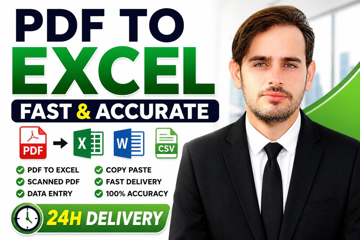 SMuhammad7978's tweet image. ✔ PDF to Excel
✔ Scanned PDF to Excel
✔ PDF to Word
✔ CSV to Excel
✔ Copy Paste Work
✔ Data Entry Tasks
✔ Formatting and Cleanup
✔ With 100% &amp;amp; satisfaction 

Order now 👇
fiverr.com/s/Egwv59q

#fiverr #Dataentry #Pdftoexcel #fasttyping #copypastework