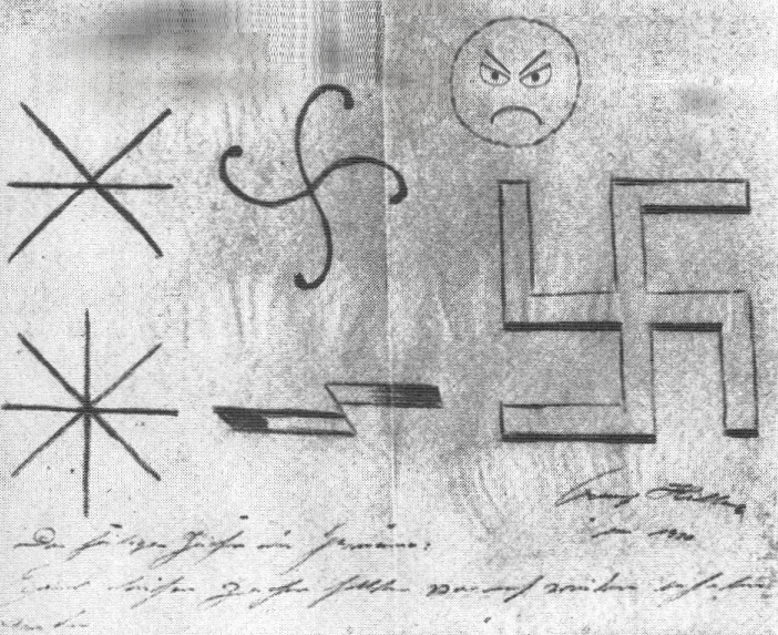 funnyrocc's tweet photo. hitler's early sketches of the nazi symbol https://t.co/xz5G1Aus64