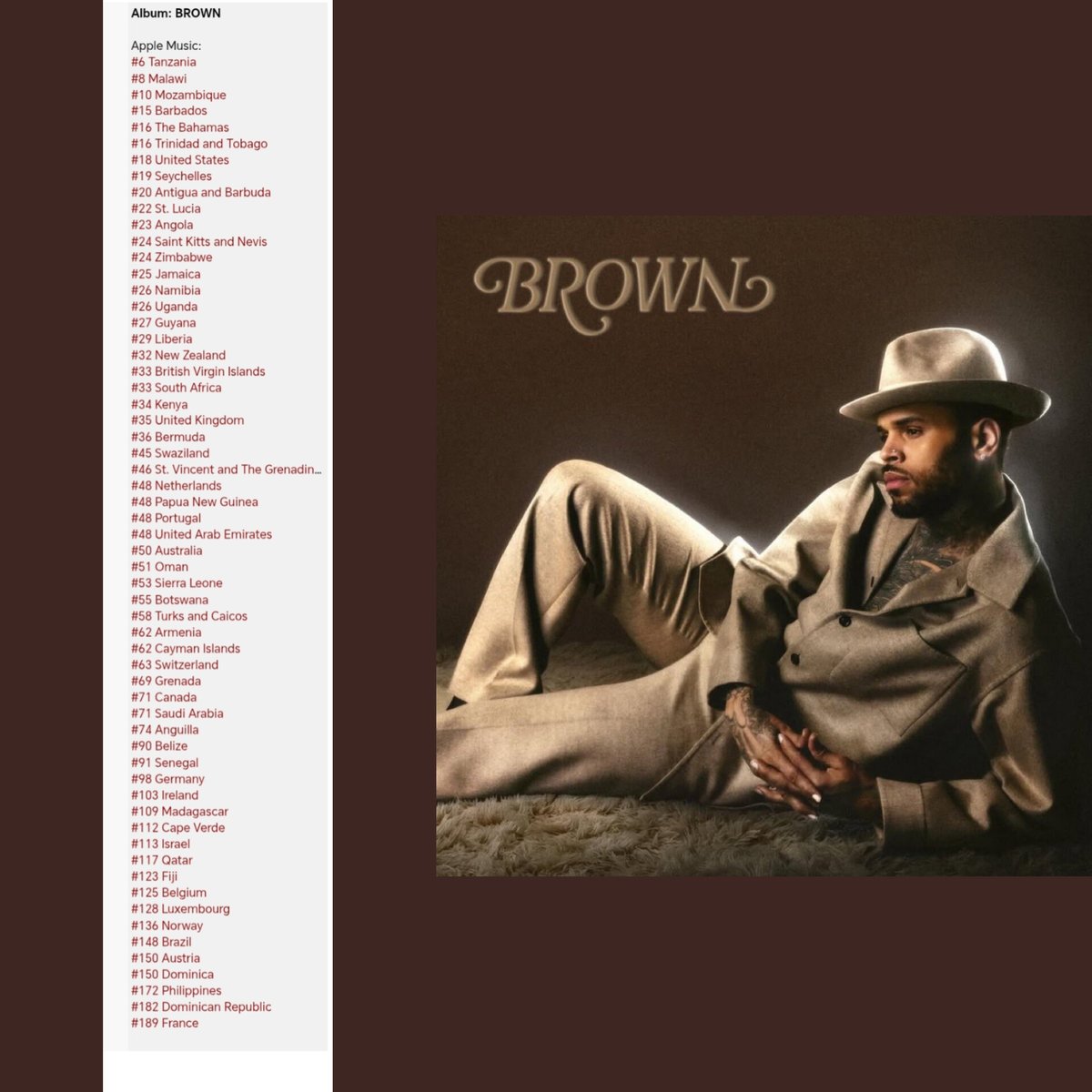 Cristiancitoo99's tweet image. 60 ACTIVE COUNTRIES AWAIT THE HIGHLY ANTICIPATED ALBUM "BROWN"🤎⏳ 
#ChrisBrown #BROWN #Album #Rnb #Music #AppleMusic