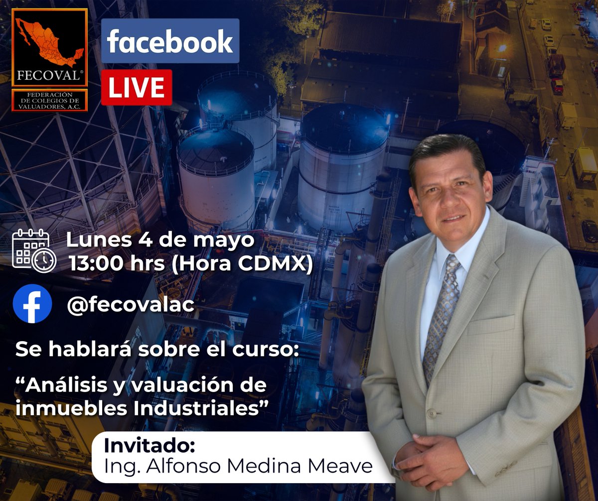 FECOVAL_AC's tweet photo. Facebook Live FECOVAL

📅 Lunes 4 de mayo
⏰ 13:00 hrs (Hora CDMX)

Hablaremos sobre el curso:
“Análisis y valuación de inmuebles industriales”

👤 Invitado:
Ing. Alfonso Medina Meave

🔴 Conéctate aquí:
https://t.co/AuMOiW7veN https://t.co/fqlglZRomP