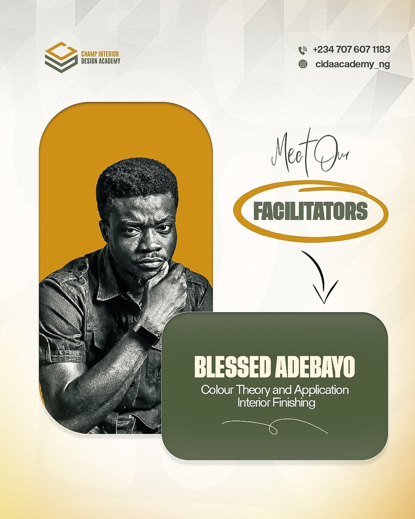 champinteriors's tweet photo. Meet one of the minds shaping excellence at Champ Interior Design Academy (CIDA) ✨

Blessed Adebayo brings a wealth of practical knowledge in Colour Theory, Application, and Interior Finishing—helping our students move from basic ideas to refined, professional spaces. https://t.co/eX65G2SMjK