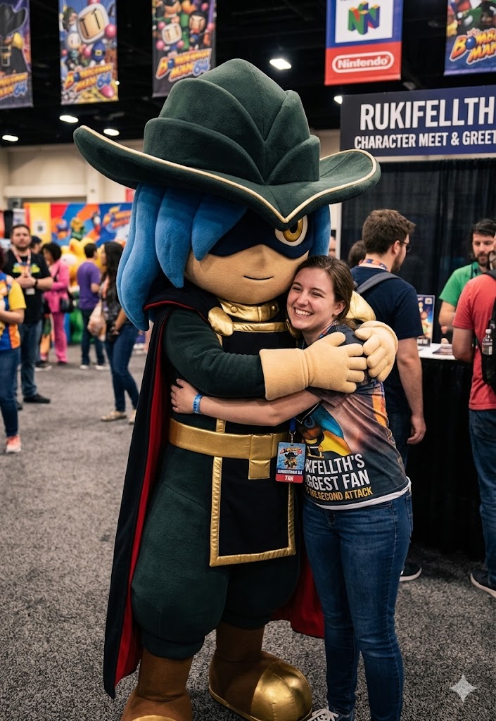 ChaoemperorC's tweet image. A random meet and greet hug with the dark messenger Rukifellth from Bomberman 64: The Second Attack as the costumed character mascot.

#rukifellth #bomberman #meetandgreet #hug #hugs #mascot #mascotcostume