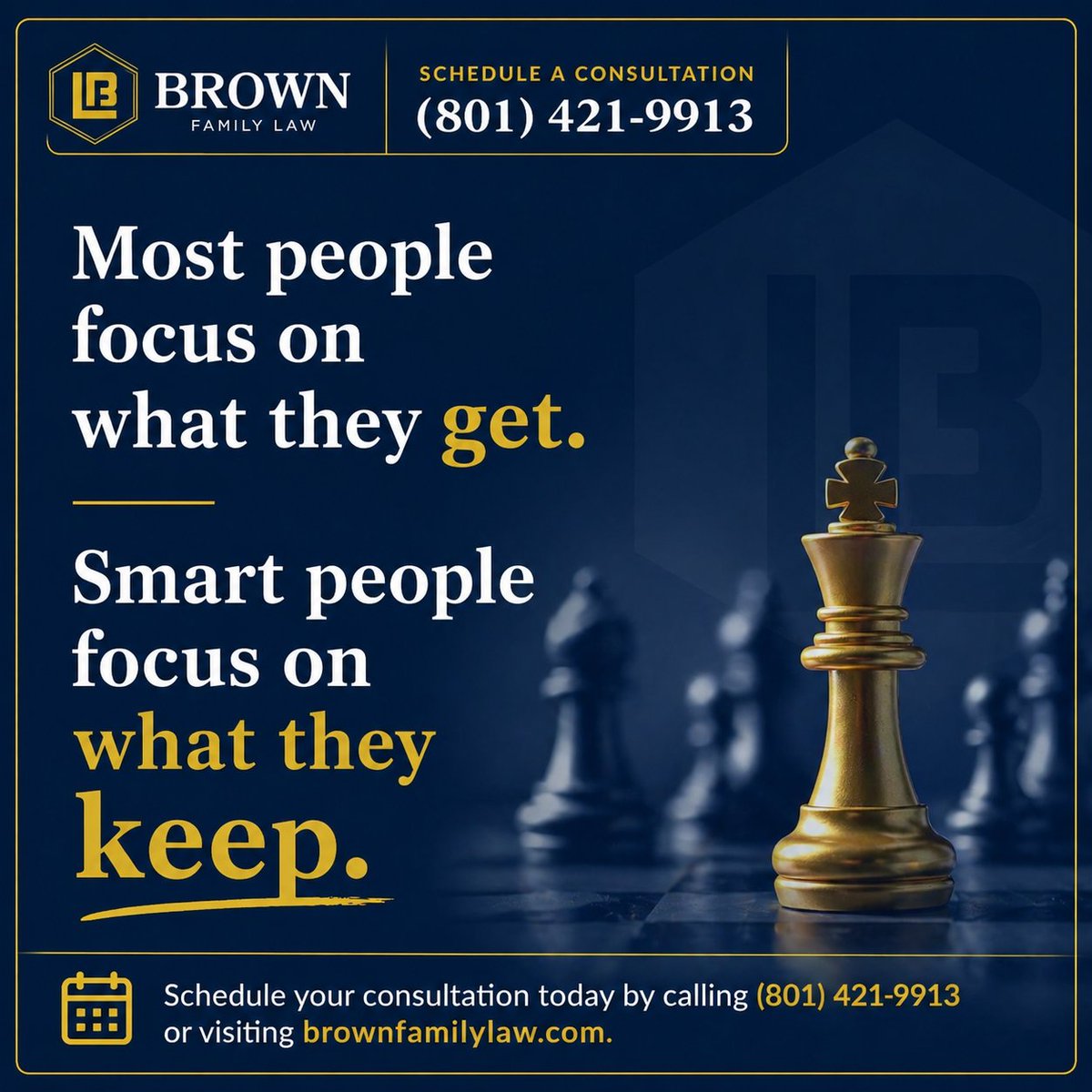 BrownLawLLC's tweet photo. Divorce isn’t just about division.

It’s about:
– Tax implications
– Long-term earning potential
– Hidden liabilities

Short-term wins can create long-term losses.

That’s where strategy matters. We are thorough with our investigation of all financial and other related matters when it comes to creating divorce agreements that work for you.

Schedule your consultation today by calling (801) 421-9913 or visiting https://t.co/UnAYdBFDGj.