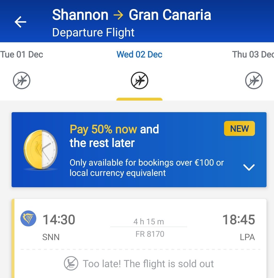 finnan22's tweet photo. Shannon  > Gran Canaria

Trying to booked for November.

It is saying "flight is sold out" for all November/December dates from Shannon.

Has the route been pulled for winter months from shannon?

@Ryanair @ShannonAirport https://t.co/fZGsXf7tqs