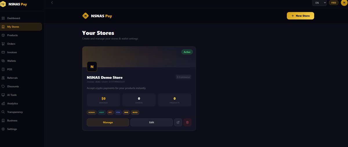 nsnascoin's tweet photo. Step 1: Create your store in under 60 seconds.

Pick a name, choose your currencies — we support 6: NSNAS, BTC, ETH, USDT, BNB, BUSD.

No coding. No KYC. No monthly fees on the Free plan.

Your store goes live instantly. https://t.co/P2ImtFIqoA