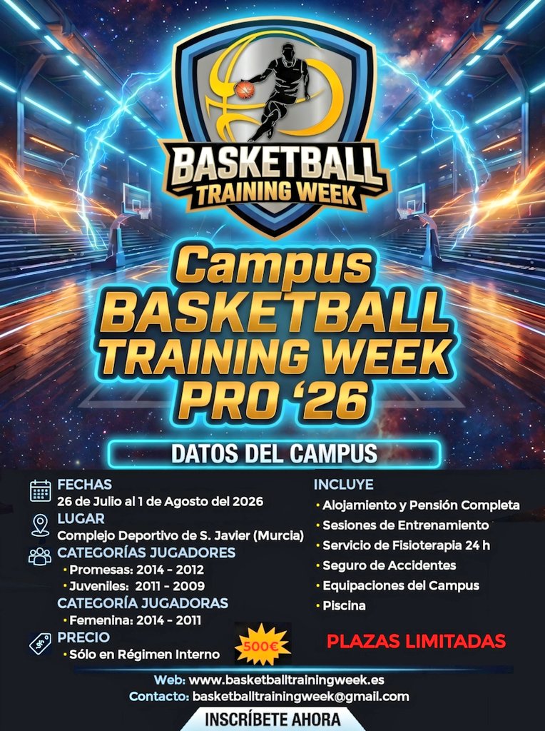 BasketTW's tweet photo. CAMPUS BTW PRO '26
¡¡ ÚLTIMAS PLAZAS !!
✅ Aprendizaje técnica individual avanza y conceptos tácticos.
✅ Staff de calidad.
✅ Grupos reducidos por nivel.
​✅ Trabajo de élite 24/7.
​
📅 Del 26 de Julio al 1 de Agosto del 2026, en San Javier (Murcia).
Web:
https://t.co/r5v6ItkxX4 https://t.co/a5trCRqPLl