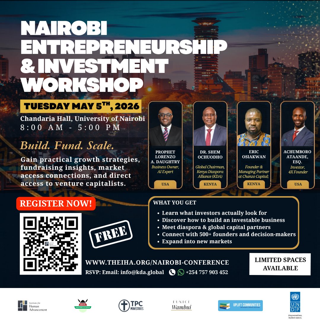 KDA_Ke's tweet photo. Karibu Nairobi Entrepreneurship &amp; Investment Workshop 🇰🇪 A 1-day gathering of Kenyan founders, SMEs, &amp; ecosystem leaders building real, scalable businesses.
📍 Chandaria Hall, University of Nairobi, May 5 '26 ⏰ 8 AM – 5 PM, FREE — Registration still OPEN
https://t.co/wGz4Hy6unt https://t.co/Zcdo6cKgJ6