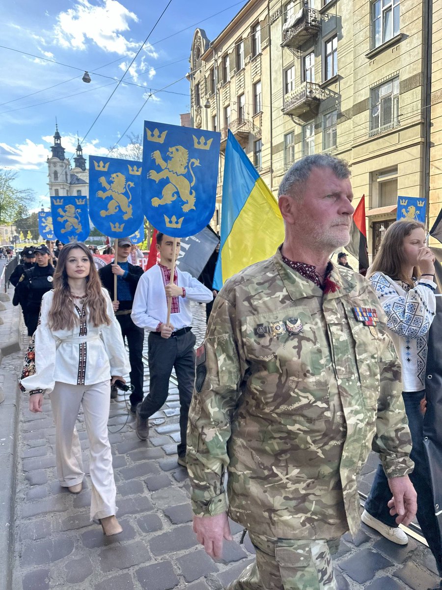 HavryshkoMarta's tweet image. Vyshyvanka parade in Lviv in honor of the Waffen-SS Galicia Division. 
Youth. Priests. Active military personnel. Veterans. Bandera slogans and flags. 
European values?
2 May 2026.
