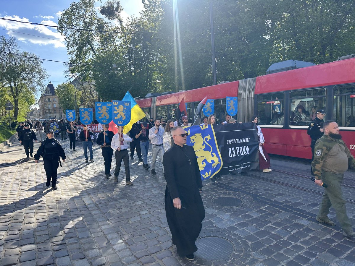 HavryshkoMarta's tweet image. Vyshyvanka parade in Lviv in honor of the Waffen-SS Galicia Division. 
Youth. Priests. Active military personnel. Veterans. Bandera slogans and flags. 
European values?
2 May 2026.