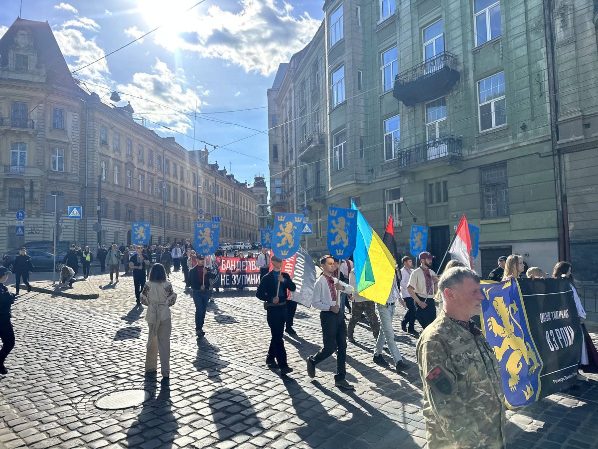 HavryshkoMarta's tweet image. Vyshyvanka parade in Lviv in honor of the Waffen-SS Galicia Division. 
Youth. Priests. Active military personnel. Veterans. Bandera slogans and flags. 
European values?
2 May 2026.
