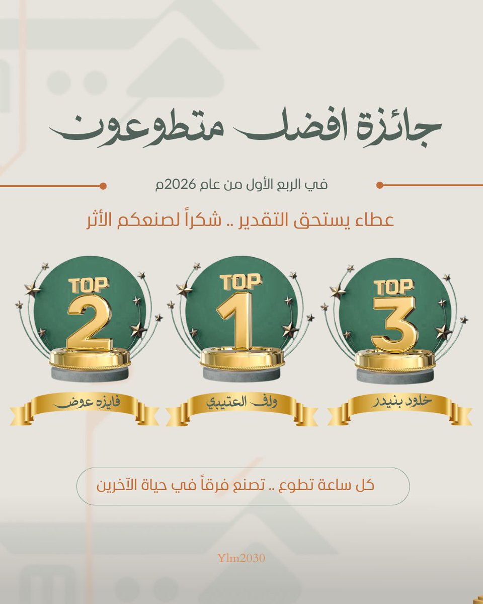 ylm2030's tweet photo. 🏆|

يناير ✅
فبراير ✅
مارس ✅

هؤلاء نجومنا للربع الأول لعام 2026 م 🎖️
نلتقي بالربع الثاني يا #اصدقاء_يلم https://t.co/5Ud46mCqig