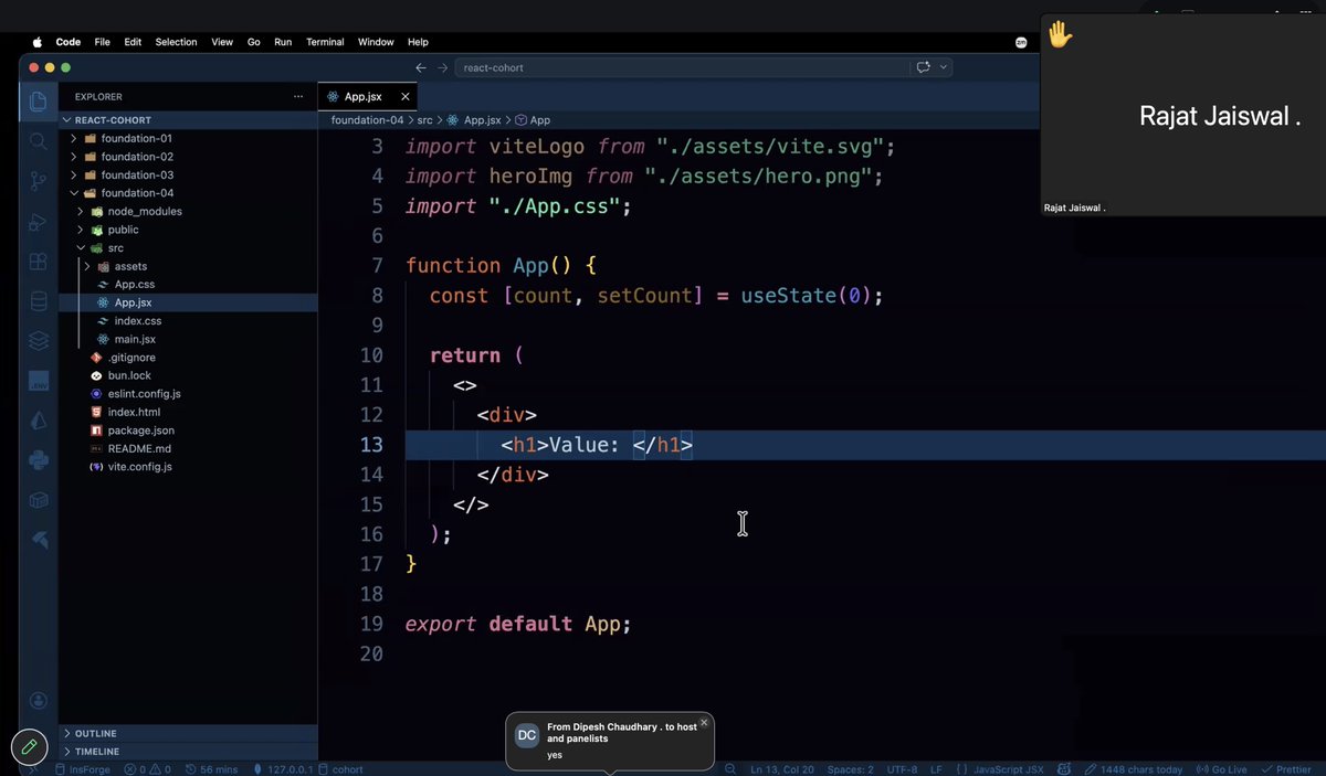 Jatin_17824's tweet image. React Session Done Today ⚛️
Today’s session with @Hiteshdotcom &amp;amp; @piyushgarg_dev Sir was a solid introduction to how modern UI actually works.  Shift from static pages to dynamic UI.

 #ReactJS #Frontend #WebDevelopment #ChaiCode