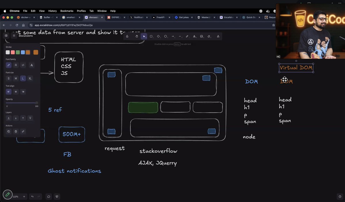 Jatin_17824's tweet image. React Session Done Today ⚛️
Today’s session with @Hiteshdotcom &amp;amp; @piyushgarg_dev Sir was a solid introduction to how modern UI actually works.  Shift from static pages to dynamic UI.

 #ReactJS #Frontend #WebDevelopment #ChaiCode