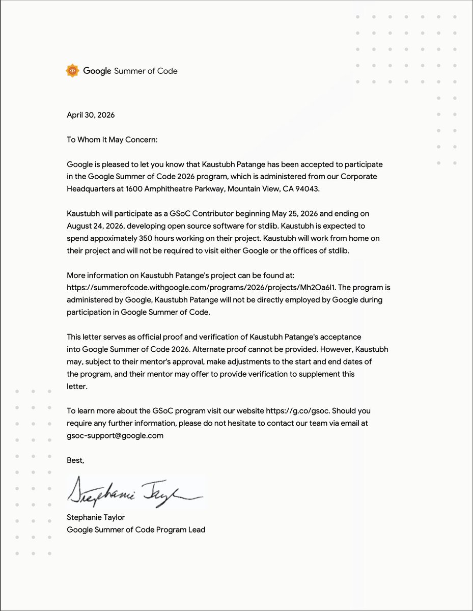 MiKaustubhMP's tweet image. Delighted to be selected for Google Summer of Code 2026 with the @stdlibjs !

Looking forward to making the most out of this opportunity and growing through the process!
Grateful to @kgryte  and @burckhap  for their guidance and support.

#GSOC2026 #GSoC
#opensource #stdlib