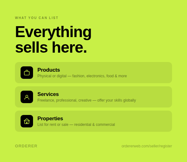 _Orderer_'s tweet photo. Orderer is launching β a global marketplace where you can sell products, services, or list properties. No listing fees. Ever.
Early sellers get top placement. Get in before everyone else.
Register free π
https://t.co/DNFh4vhIa0
#Orderer #SellOnline #Ecommerce https://t.co/eEkgsHSmhE
