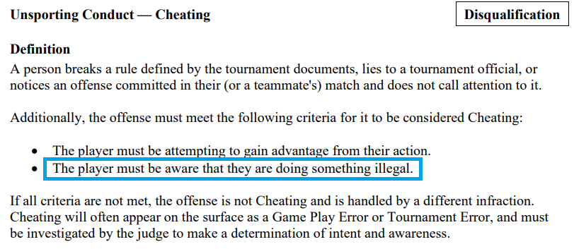 alfchaval's tweet photo. @PetrKikac @xmrigo @MTGOsalseo "Resolving wrong a spell multiple times" is not cheating.
Cheating, by definition, requires intent, you must do it on purpose.
The only way a judge disqualifies a player for Cheating is that they believe they did something illegal on purpose. https://t.co/uf5QOsbR3g