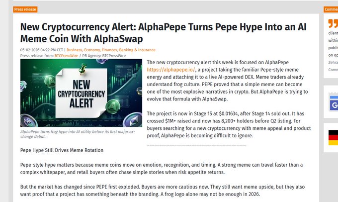 The first ever AI memecoin was just made today!

its called AlphaPepe , and it even has a live AI-powered DEX

it uses AI for all it's tech such as it's utility, and even changes based on market conditions.

this is insane?!

openpr.com/news/4498573/n…