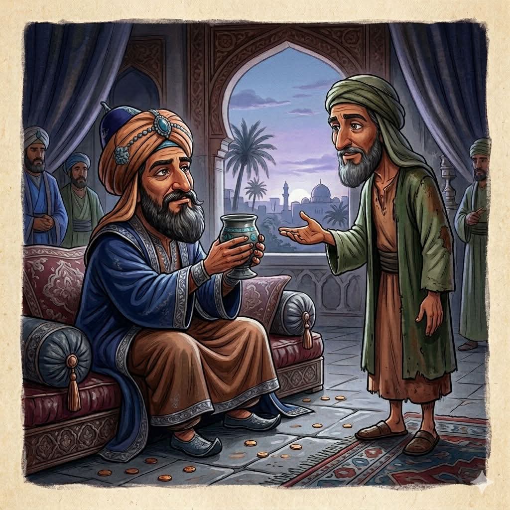 *كوبُ ماءٍ أبكى الخليفة*

دخل *ابنُ السماكِ* الواعظُ على الخليفةِ *هارونَ الرشيد*، وكان الرشيدُ في مجلسِ مُلكِه، قد اجتمعَتْ له الدنيا من كلِّ أطرافِها.

فجيءَ للرشيدِ بكوبِ ماءٍ باردٍ عذب، فلما رفعَه ليشرب، قال له ابنُ السماكِ بهدوء:  
*"تمهّل يا أميرَ المؤمنين... أسألك بالله،