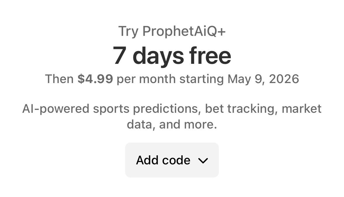 Try AiQ+ free for 7 days at ProphetAiQ.com

Free sign up, cancel any time and use promo HALFOFFAIQ at checkout to get the first 2 months at $2.49/mo