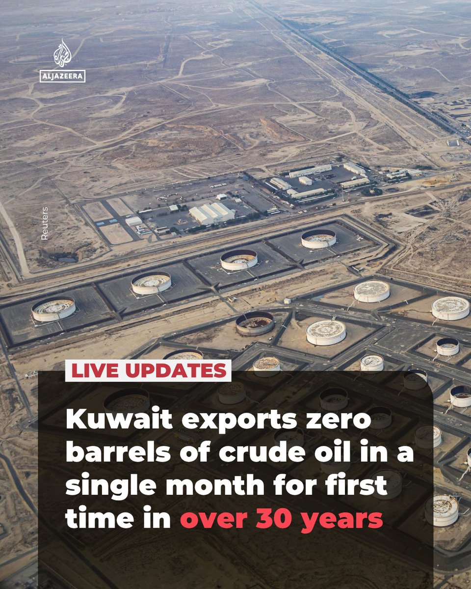 AJEnglish's tweet image. In April 2026, Kuwait exported zero barrels of crude oil for the first time since the end of the Gulf War due to the blockade of the Strait of Hormuz, reports TankerTrackers.com, a website tracking international oil shipments.

🔴 LIVE updates: aje.news/wr7bxc