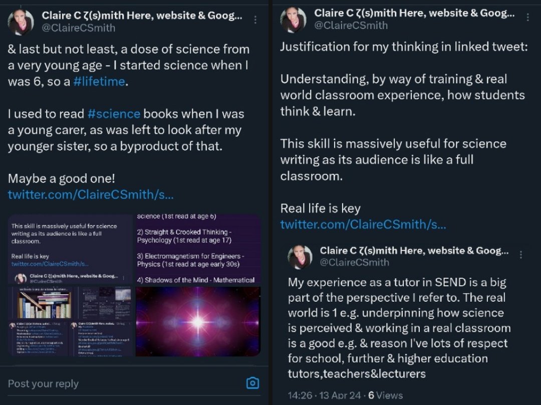 ClaireCSmith's tweet image. From a dose of starting science at age 6, to a sprinkle of real life as a SEND tutor

I became a #sciencewriter 

&amp;amp; when my website went live in Dec 1999.
#wonder #theorising 
#thinker #books #autodidact #science #theory #lifetime #lifelong #earlystarter #1970s #Apollo #space
⚛️