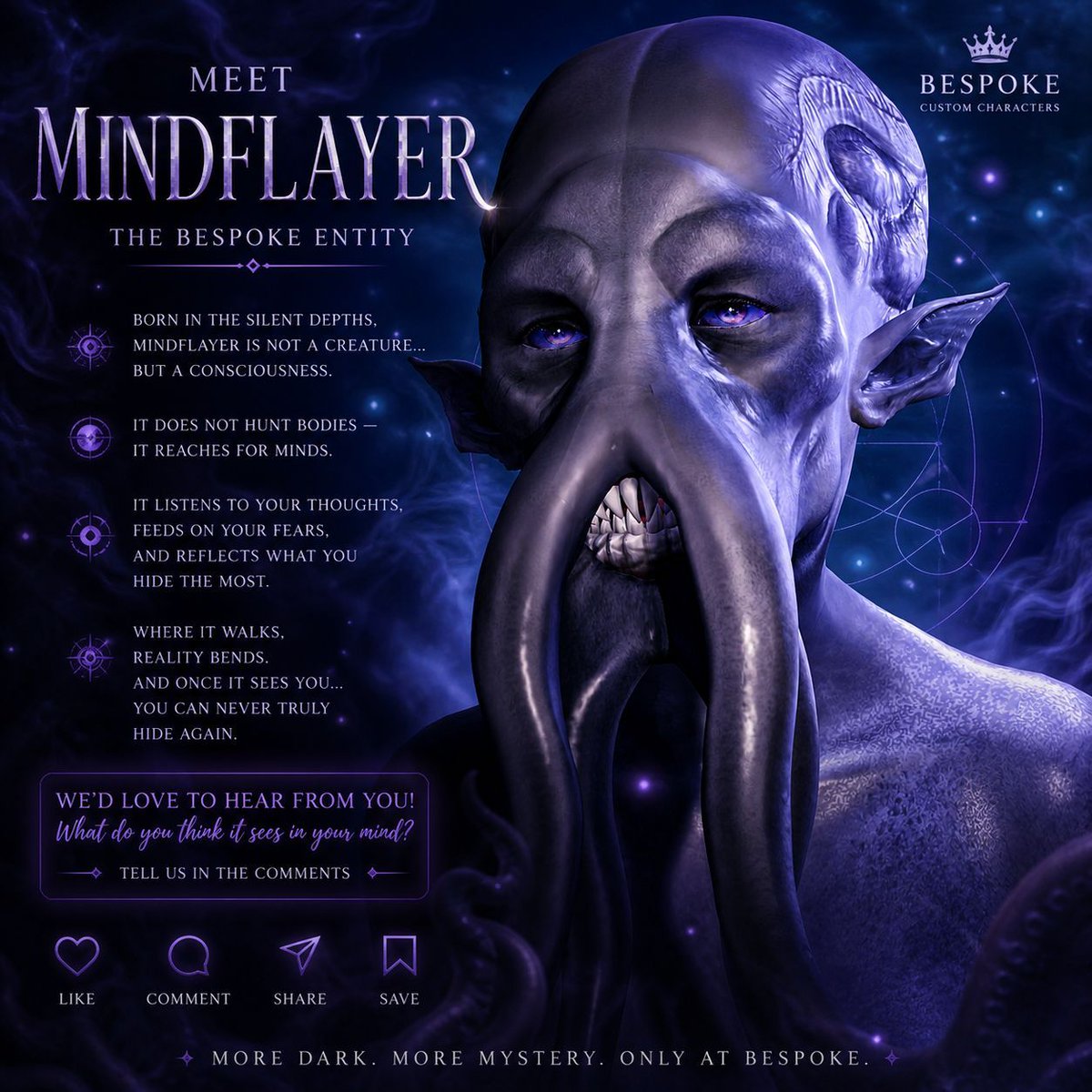 BeSpokeCaravan's tweet image. Meet Mindflayer 🖤

It doesn’t chase you…
it understands you.

A presence born from the depths, feeding on thoughts, fears, and hidden truths.

👁 What do you think it would see in your mind?

Tell us below ↓

#Bespoke #Mindflayer #DarkFantasy #CreatureDesign #3DArt