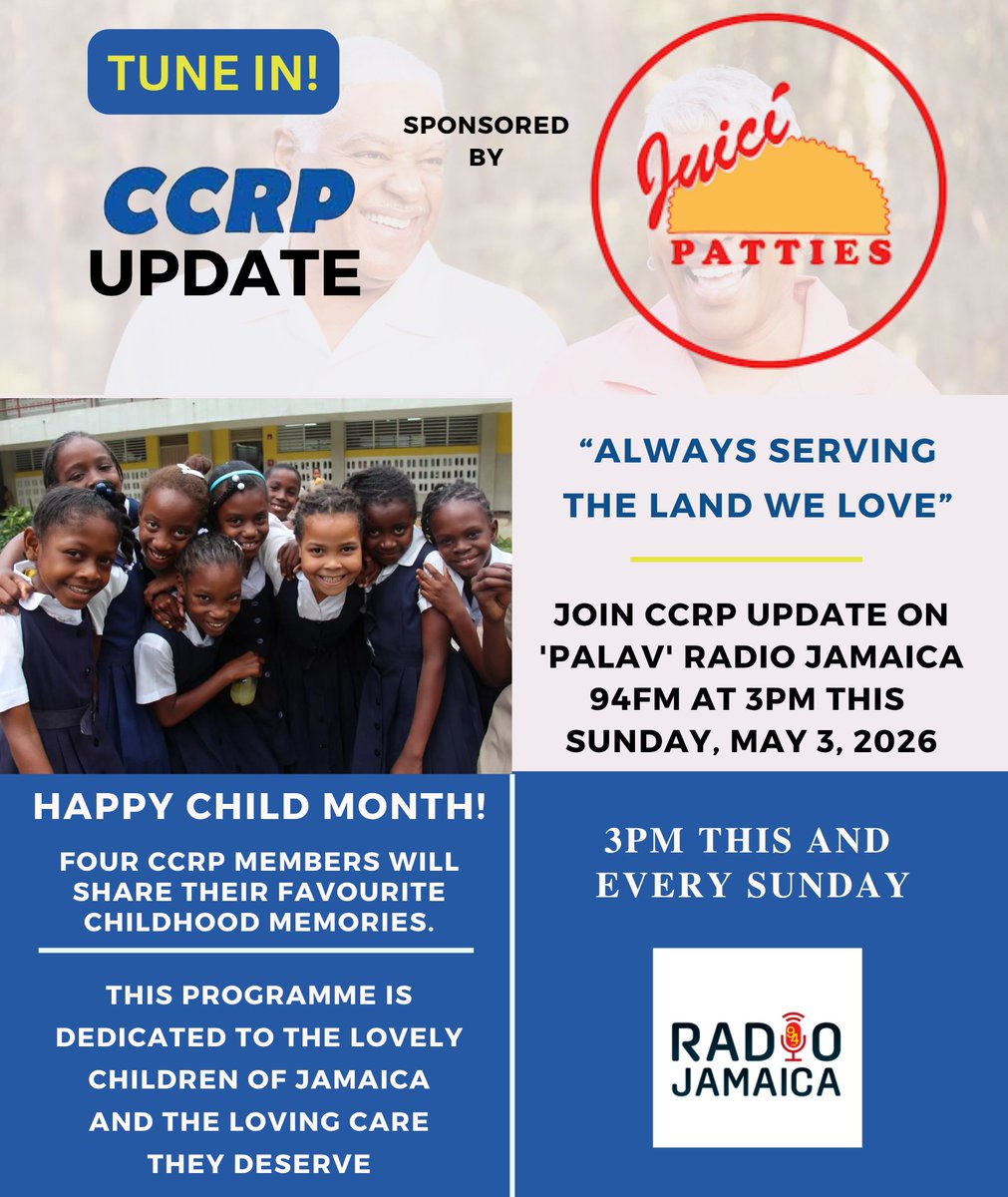 ccrpjamaica's tweet image. May is #ChildMonth and tomorrow we will enjoy happy childhood memories with four CCRP members. 
We are dedicating this programme to the beautiful children of #Jamaica who deserve our love, our care and our understanding! Sunday, May 2 at 3:00 p.m. 
@FmJamaica94 @JuiciPattiesJA