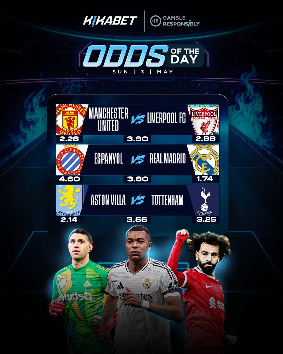 Kikabetcom's tweet photo. 🎯 Today's Best Odds are LIVE on Kikabet!

🔴 Man United vs Liverpool FC
2.28 | 3.90 | 2.96

🔵 Espanyol vs Real Madrid
4.60 | 3.80 | 1.74

🟣 Aston Villa vs Tottenham
2.14 | 3.55 | 3.25

Place your bets now 👇
https://t.co/Nly48HYtWl

#Kikabet #Football #BettingOdds https://t.co/h9mpEKOjWT