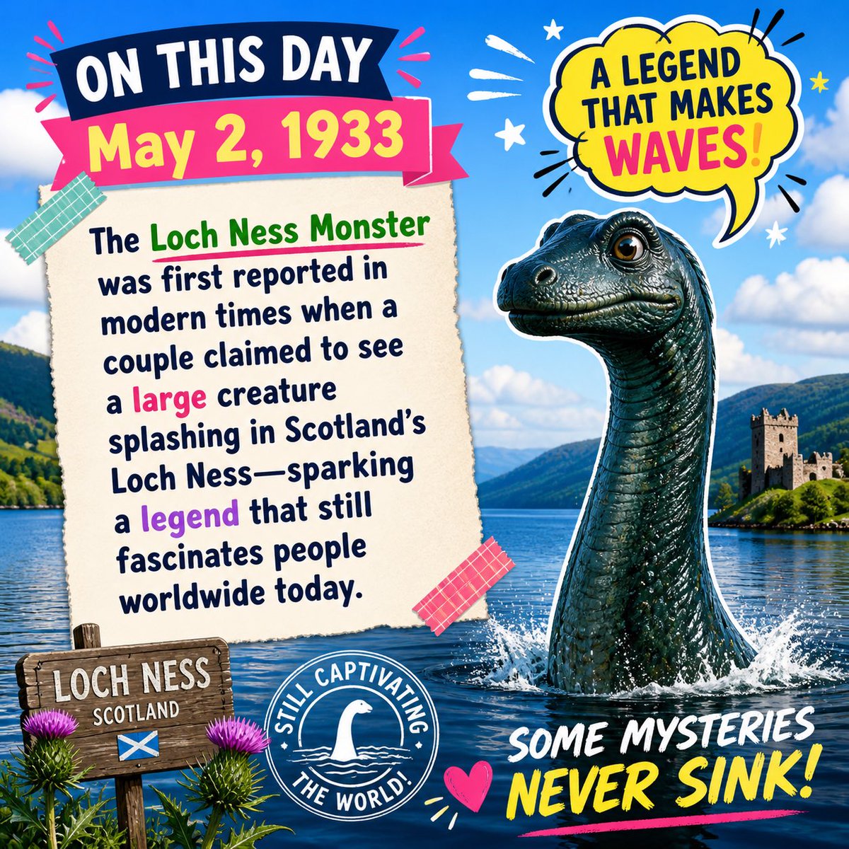 FactVaultInfo's tweet image. On May 2, 1933, the Loch Ness Monster was first reported in modern times when a couple claimed to see a large creature splashing in Scotland’s Loch Ness—sparking a legend that still fascinates people worldwide today.  #LochNess #TodayinHistory #Scotland #Monster