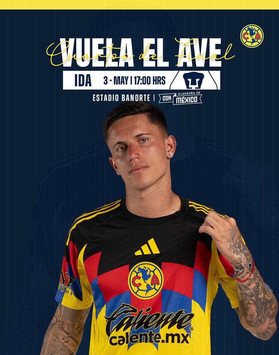 ¡#VuelaElAve en los Cuartos de Final! 🦅

🆚 Pumas
🎟️ Boletos: bit.ly/4eyjU2f
🏟️ Estadio Banorte
📅 Domingo 3 de mayo
🕘 17:00 horas
#VolvemosACasa