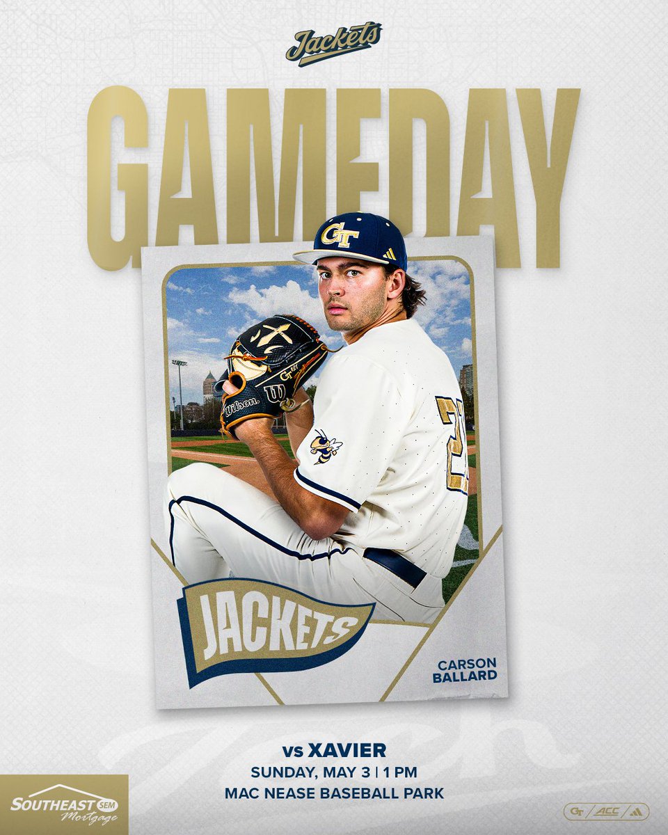 GTBaseball's tweet photo. Let's get this series.

🕐 1 pm
Jim Poole Day!
No. 3 GT 🆚 Xavier
🏠 Mac Nease Baseball Park
🎫 https://t.co/ZKU8QKaKSU
📺 ACCNX - https://t.co/fANsiUNfj2
📊 https://t.co/lGMIhytHJi
📻 GT Gameday App
Presented by @SEMofGAInc
 
#StingEm🐝 x #WreckHavoc https://t.co/96NMeI5GEM